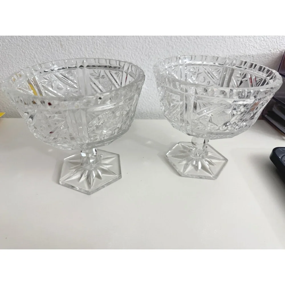 Vintage Pressed Glass Compote Bowls Set of 2 Starburst Diamond Cut Pedestal Dish